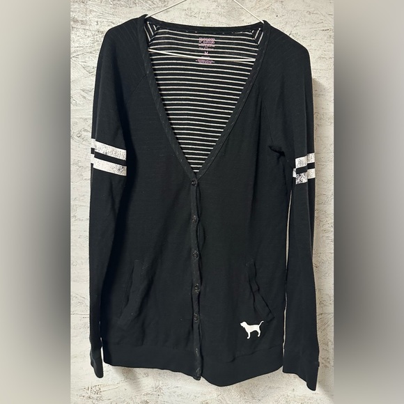 PINK Victoria's Secret Sweaters - PINK Victoria's Secret Black and White Striped Cardigan Sporting Nebraska Husker